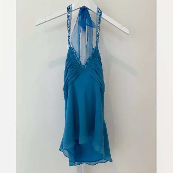 BCBG BLUE SILK EMBELLISHED HALTER TOP SIZE SMALL - Picture 1 of 14